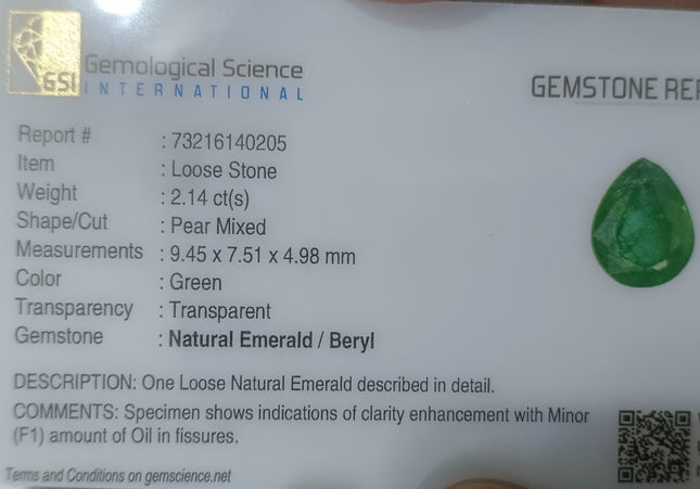 GSI Certified Vivid Green Natural Zambian Emerald Minor Oiled Loose Gemstone
