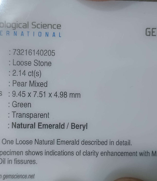 Natural Zambian Emerald 2.14ct Vivid Green Pear Cut Gemstone.