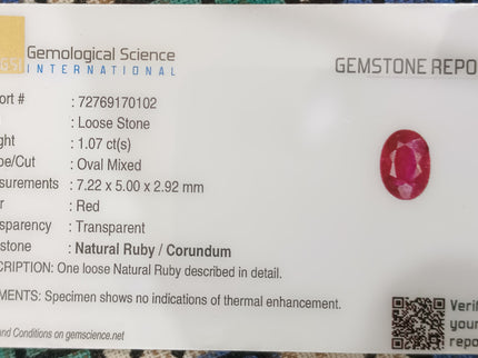 GSI Certified 1.07ct Pigeon Blood Red Ruby, Untreated