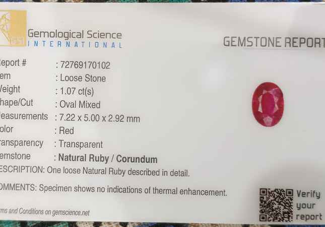 GSI Certified 1.07ct Pigeon Blood Red Ruby, Untreated