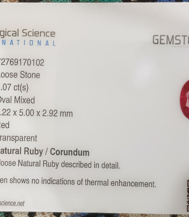 GSI Certified 1.07ct Pigeon Blood Red Ruby, Untreated