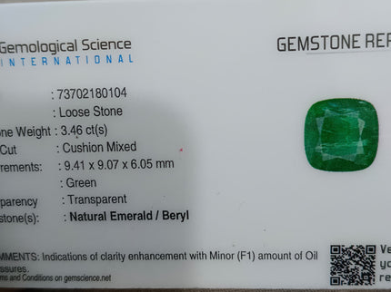 Zambian Emerald 3.46ct Vivid Green Certified Natural Cushion Cut Gemstone