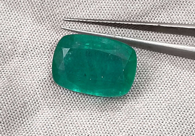 Big 9.75ct Zambian Emerald, Cushion cut Medium Deep Green Loose Gemstone.
