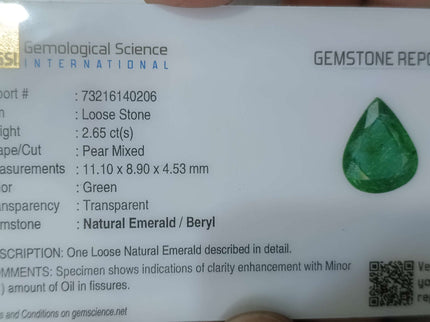 Certified 2.65ct Natural Zambian Emerald, Deep Pure Green Stone.