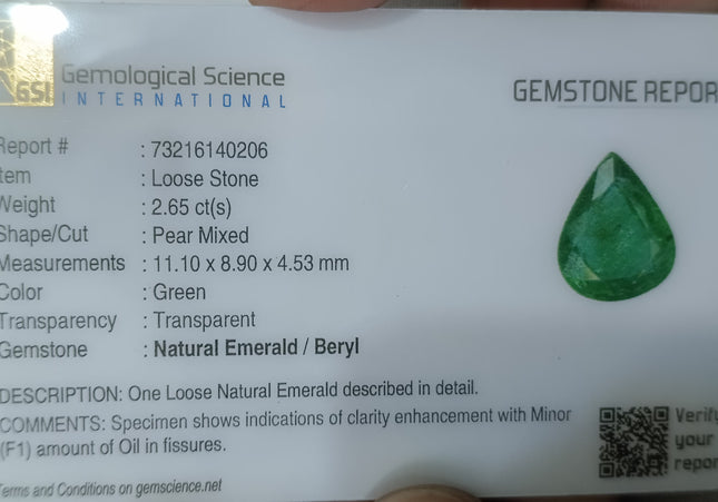 GSI Certified 2.65ct Medium Deep Pure Golden Green Natural Emerald Loose Gemstone