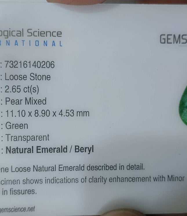 Certified 2.65ct Natural Zambian Emerald, Deep Pure Green Stone.