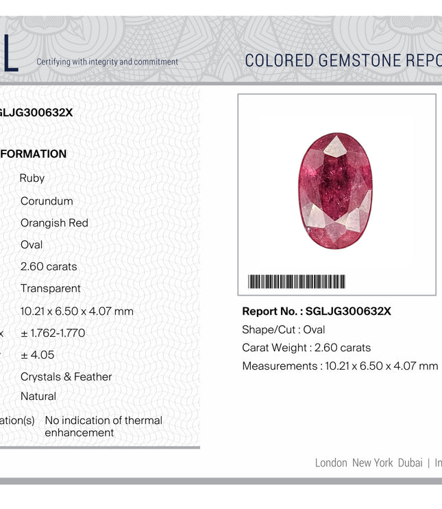 2.60ct Untreated Mozambique Ruby SGL Certified Rasberry Red Oval Cut Gemstone
