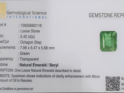 GSI Certified 2.42ct Medium Green Zambian Emerald, Natural Gemstone
