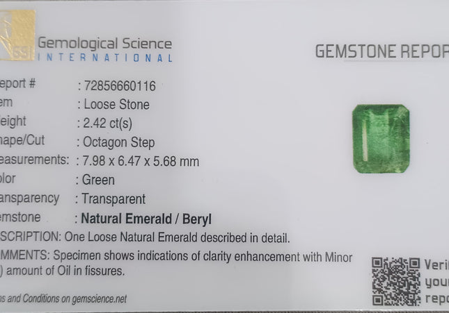 GSI Certified 2.42ct Medium Green Zambian Emerald, Natural Gemstone