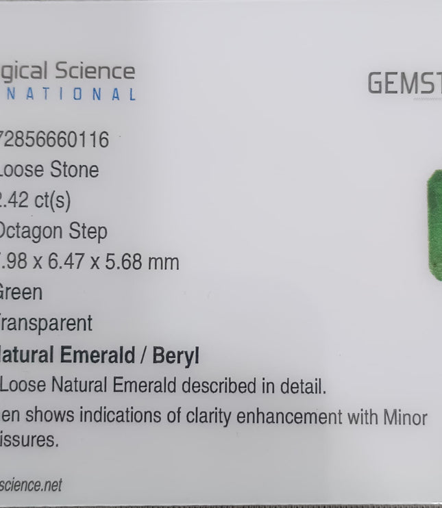GSI Certified 2.42ct Medium Green Zambian Emerald, Natural Gemstone