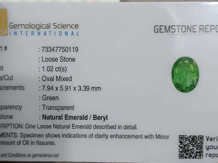 Certified 1.02ct Zambian Natural Emerald
