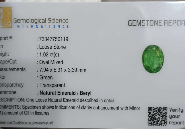 GSI Certified 1.02ct Vivid Green Zambian Emerald Minor Oiled Loose Gemstone