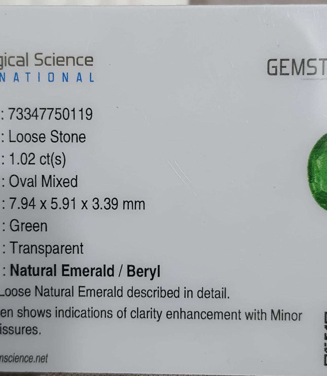 Certified 1.02ct Zambian Natural Emerald
