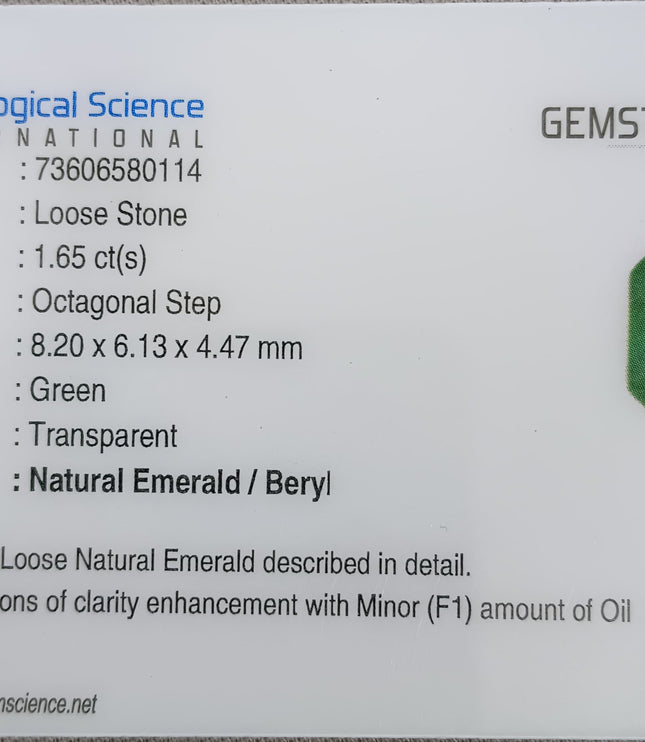 Zambian 1.65ct Deep Vivid Green Certified Natural Octagon Cut Loose Stone