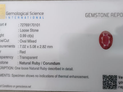 Certified 0.99ct Untreated Natural Pigeon Blood Red Ruby.