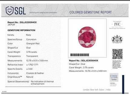 3.76ct Untreated Mozambique Ruby Natural Wine Red SGL Certified Oval Cut Gemstone