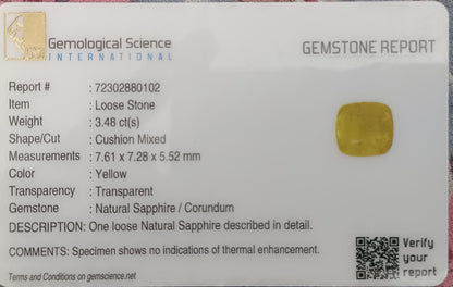 GSI Certified 3.48ct Vivid Yellow Sapphire, 100% Natural untreated Gemstone