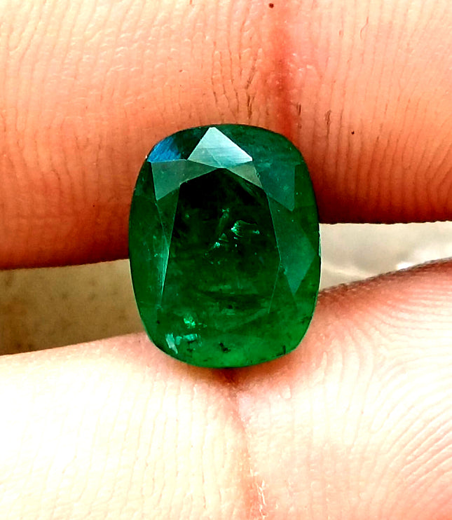 Dark Green 4.42ct Zambian Emerald, Certified Natural Cushion Cut Loose Gemstone