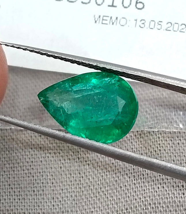 2.69ct Natural Emerald Medium Deep Vivid Green Pear Cut GSI Certified Gemstone