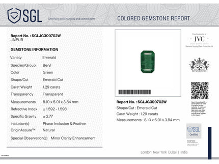 Zambian Emerald 1.32ct Natural SGL Certified Medium Bluish Green Octagon Cut Loose Gemstone Minor Oil