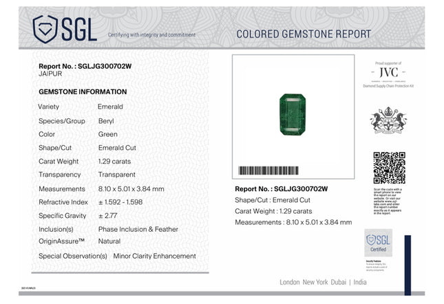 Zambian Emerald 1.32ct Natural SGL Certified Medium Bluish Green Octagon Cut Loose Gemstone Minor Oil