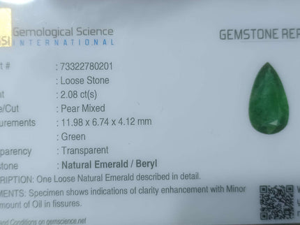 2.08ct Certified Zambian Natural Emerald Stone