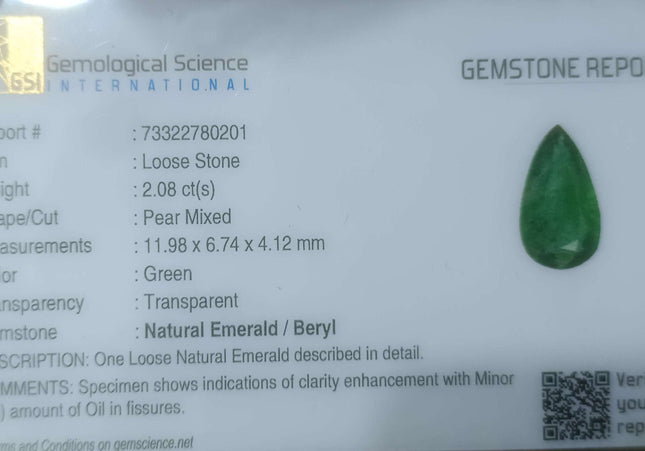 2.08ct GSI USA Certified Deep Pure Green Zambian Emerald Minor Oiled Loose Gemstone