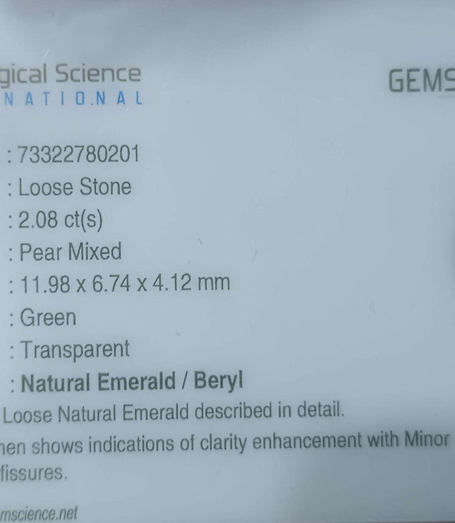 2.08ct Certified Zambian Natural Emerald Stone