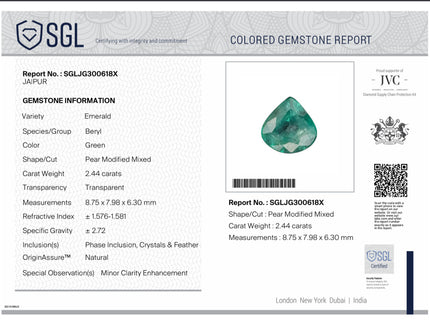 2.44ct Natural Emerald SGL Certified Pear Cut Sparkling Medium Deep Green Gemstone