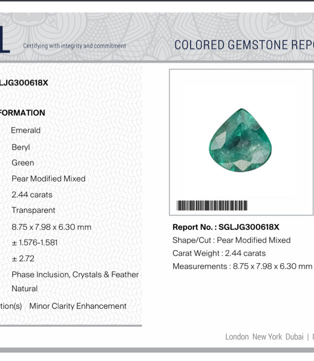 2.44ct Natural Emerald SGL Certified Pear Cut Sparkling Medium Deep Green Gemstone