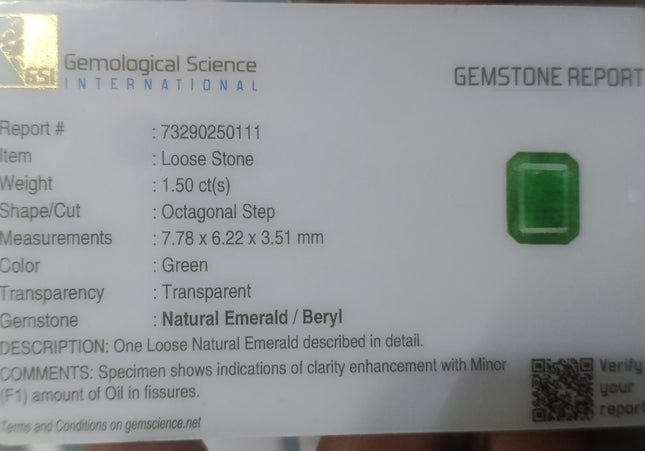 GSI Certified 1.50ct Deep Green Zambian Emerald Minor Oiled Loose Gemstone