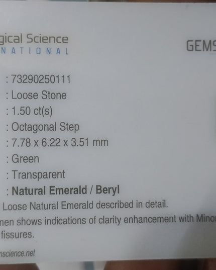 GSI Certified 1.50ct Deep Green Zambian Emerald Minor Oiled Loose Gemstone
