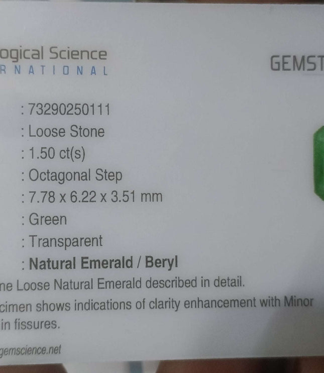 Certified 1.50ct Zambian Emerald.