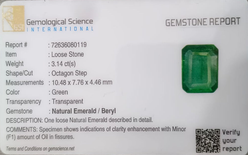 GSI Certified 3.14ct Zambian Emerald, 100% Natural Gemstone - SMSGEMS 