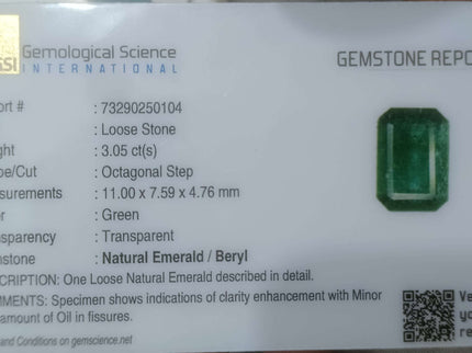 3.05ct Certified Zambian Natural Emerald.