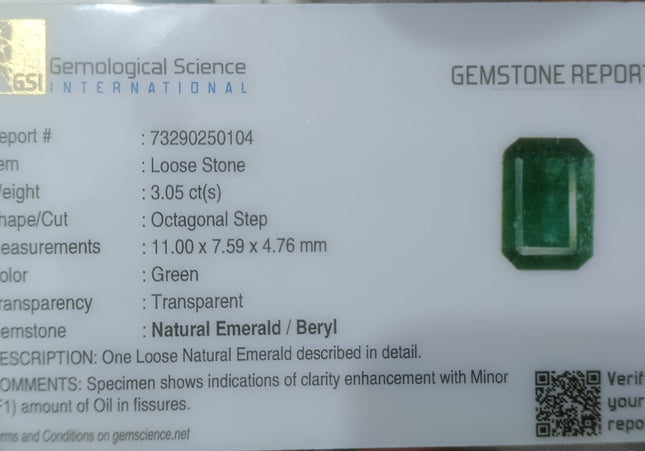 GSI Certified Dark Green Zambian Emerald Minor Oiled Loose Gemstone