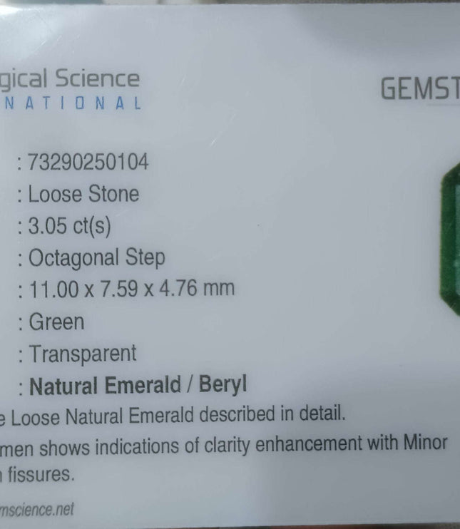 3.05ct Certified Zambian Natural Emerald.