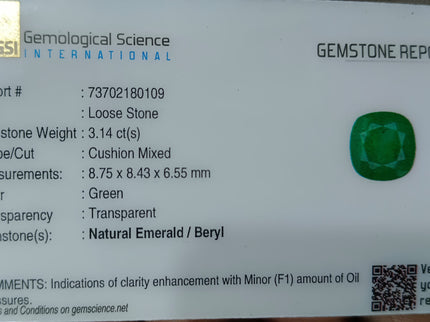 Colombian Emerald 3.14ct Deep Pure Velvet Green Natural Certified Cushion Cut Gemstone