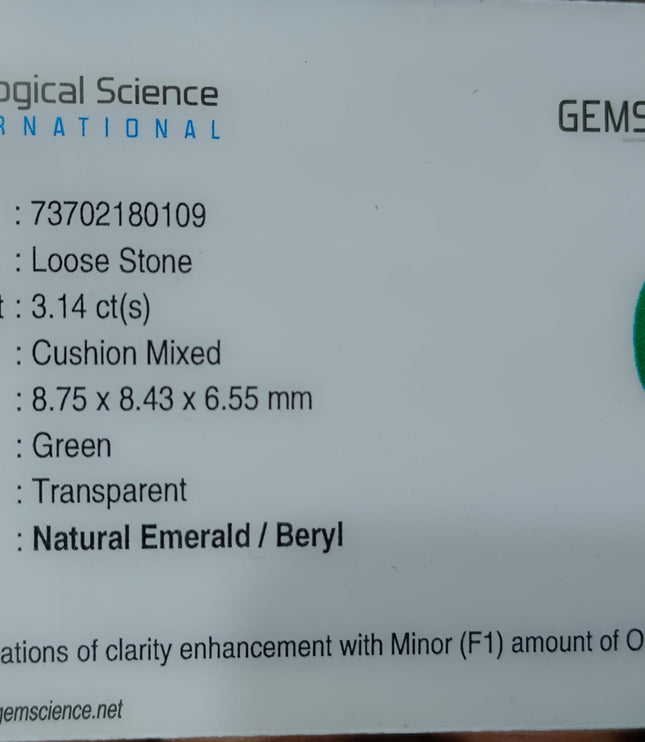 Colombian Emerald 3.14ct Deep Pure Velvet Green Natural Certified Cushion Cut Gemstone