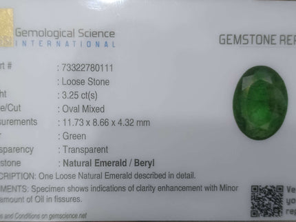 3.25ct Certified Natural Zambian Emerald