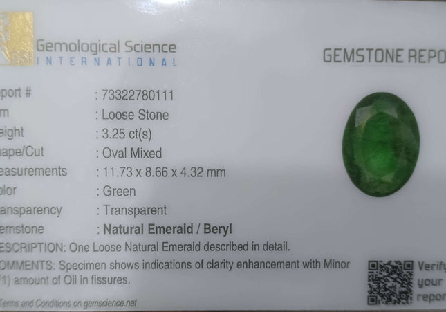 3.25ct GSI USA Certified Medium Green Zambian Emerald