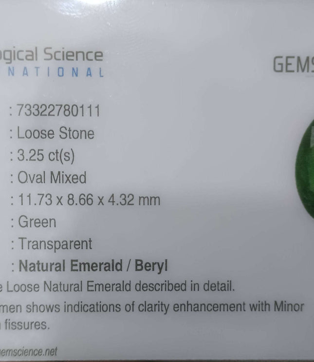 3.25ct Certified Natural Zambian Emerald
