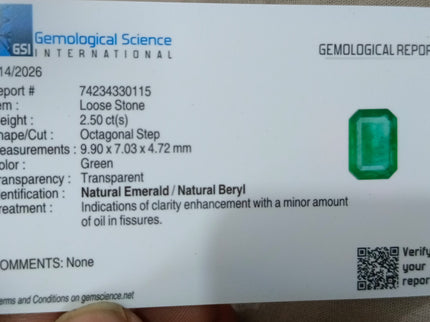 2.50ct High Quality Natural Emerald GSI Certified Vivid Deep Green Minor Oiled Gemstone