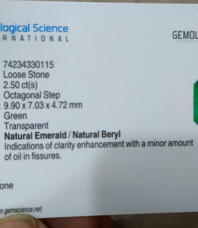 2.50ct High Quality Natural Emerald GSI Certified Vivid Deep Green Minor Oiled Gemstone