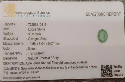 GSI Certified 3.33ct Seafoam Green Colombian Emerald , 100% Natural Earth Mined Gemstone