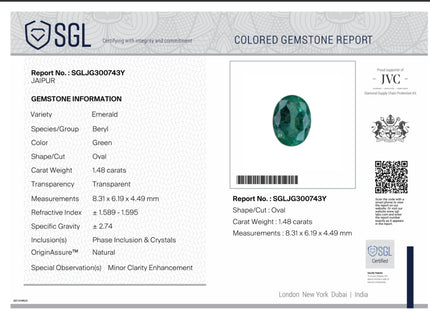1.48ct Natural Emerald Medium Deep Green Shiny Oval SGL Certified Gemstone