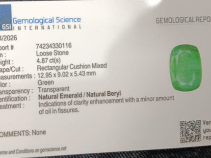 4.87ct Natural Emerald GSI Certified Zambian Deep Green Cushion Cut Loose Gemstone