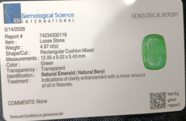 4.87ct Natural Emerald GSI Certified Zambian Deep Green Cushion Cut Loose Gemstone