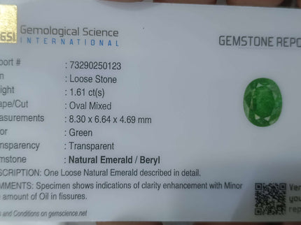 1.61ct Certified Natural Swat Emerald, Oval cut Loose Gemstone