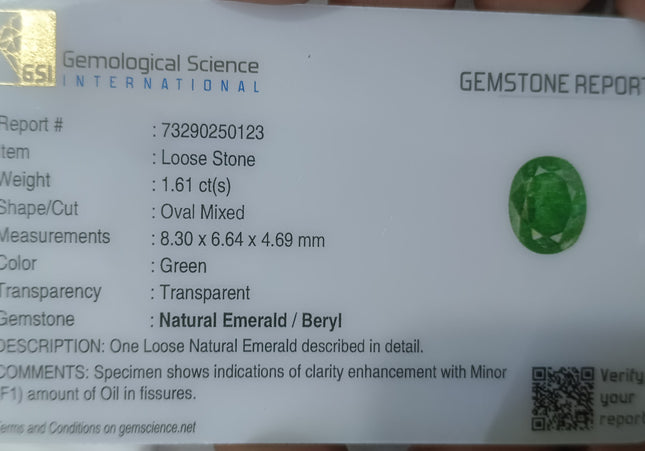 GSI Certified Vivid medium deep Green Swat Emerald Minor Oiled Loose Gemstone
